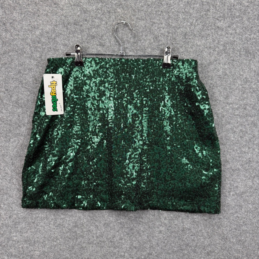 Tipsy Elves Womens Green Sequin Mini Skirt High Waisted Party Holiday Large NEW
